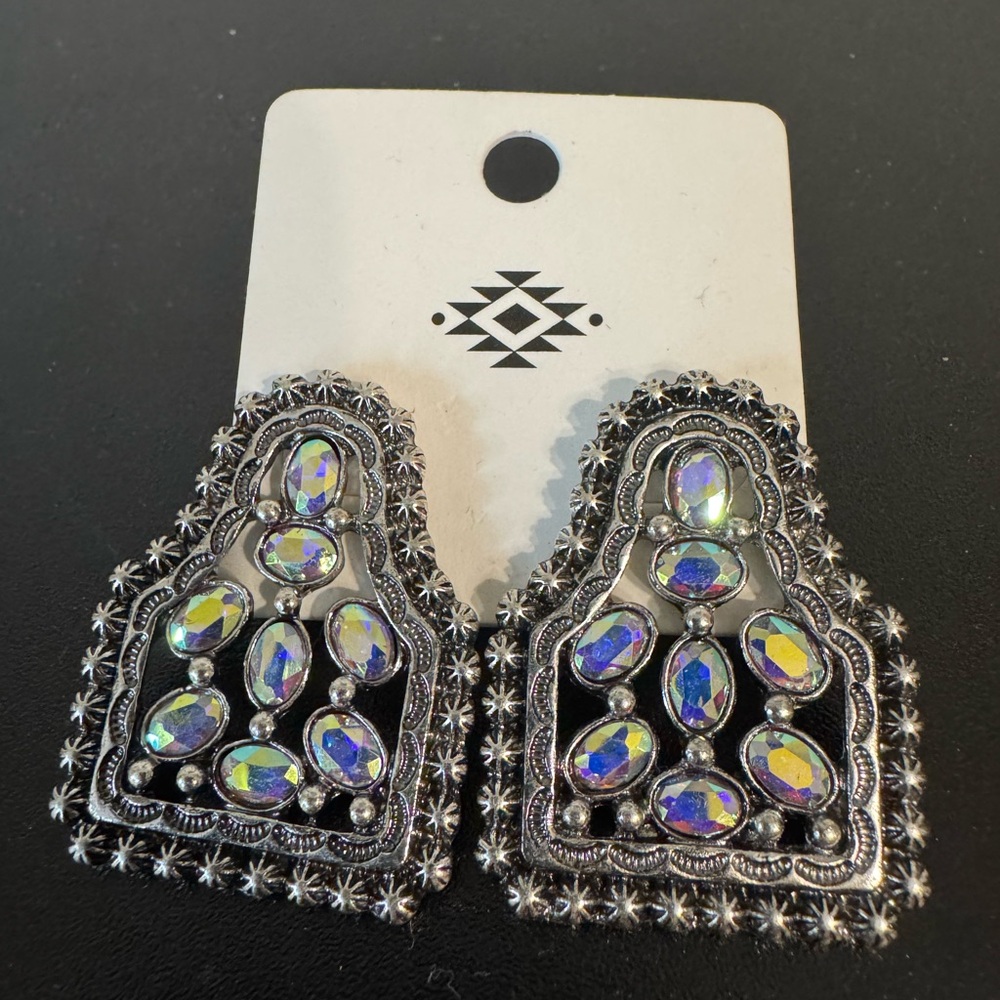 Western cow tag Silver and Iridescent Stone Earrings